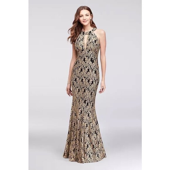 Black & Gold High Neck Keyhole Mermaid Prom Dress - Picture 1 of 3